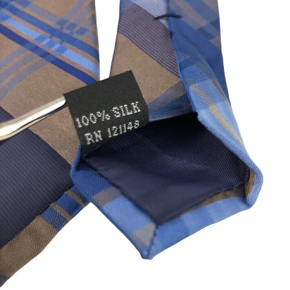 Joseph Abboud Silk Tie Mens Plaid Blue Brown 100% Silk Necktie *READ*